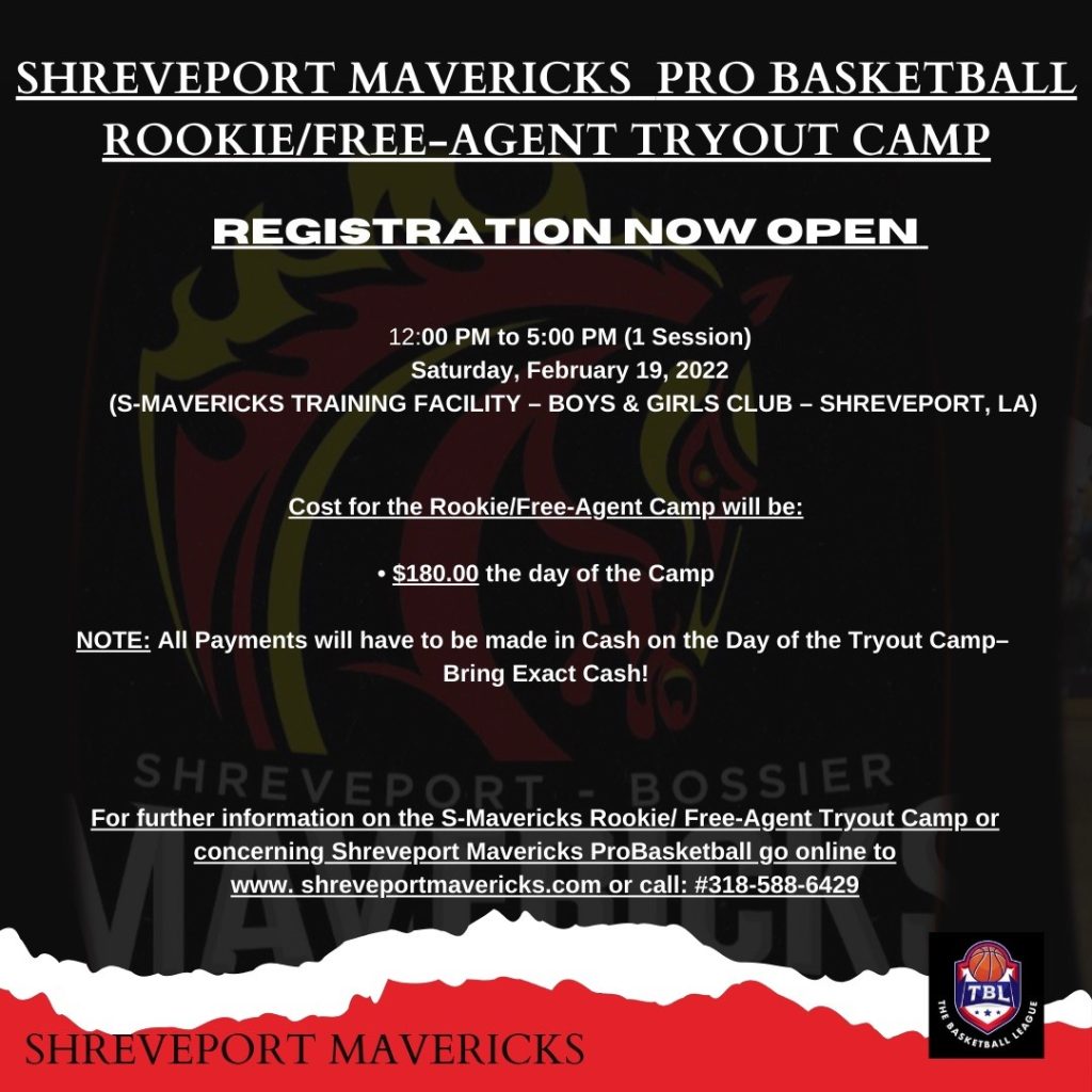 Shreveport Mavericks Pro Basketball Rookie/FreeAgent Tryout Camp